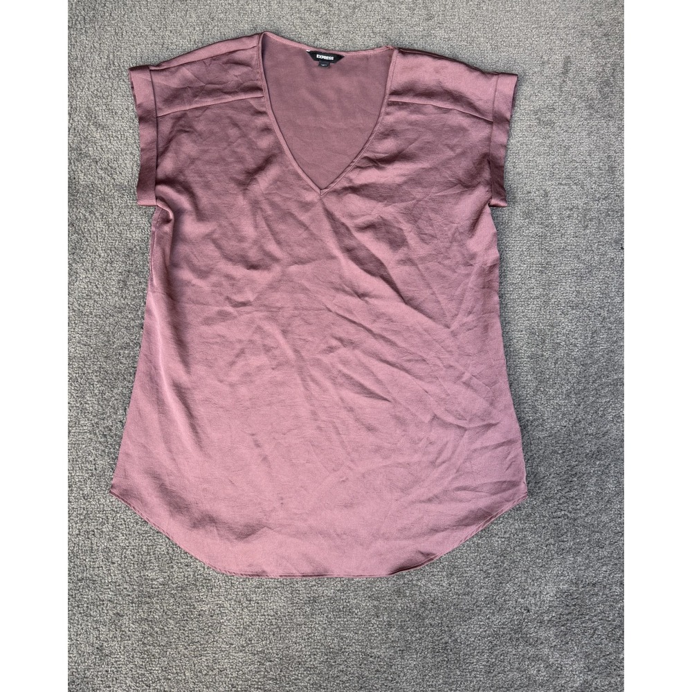 Express Womens Mauve Purple V-Neck Cuffed Short Sleeve Satin Blouse Size M